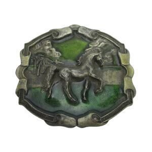 Horse Standing Green Enamel Belt Buckle 1976 by Froz'n Color Vintage Bergamot